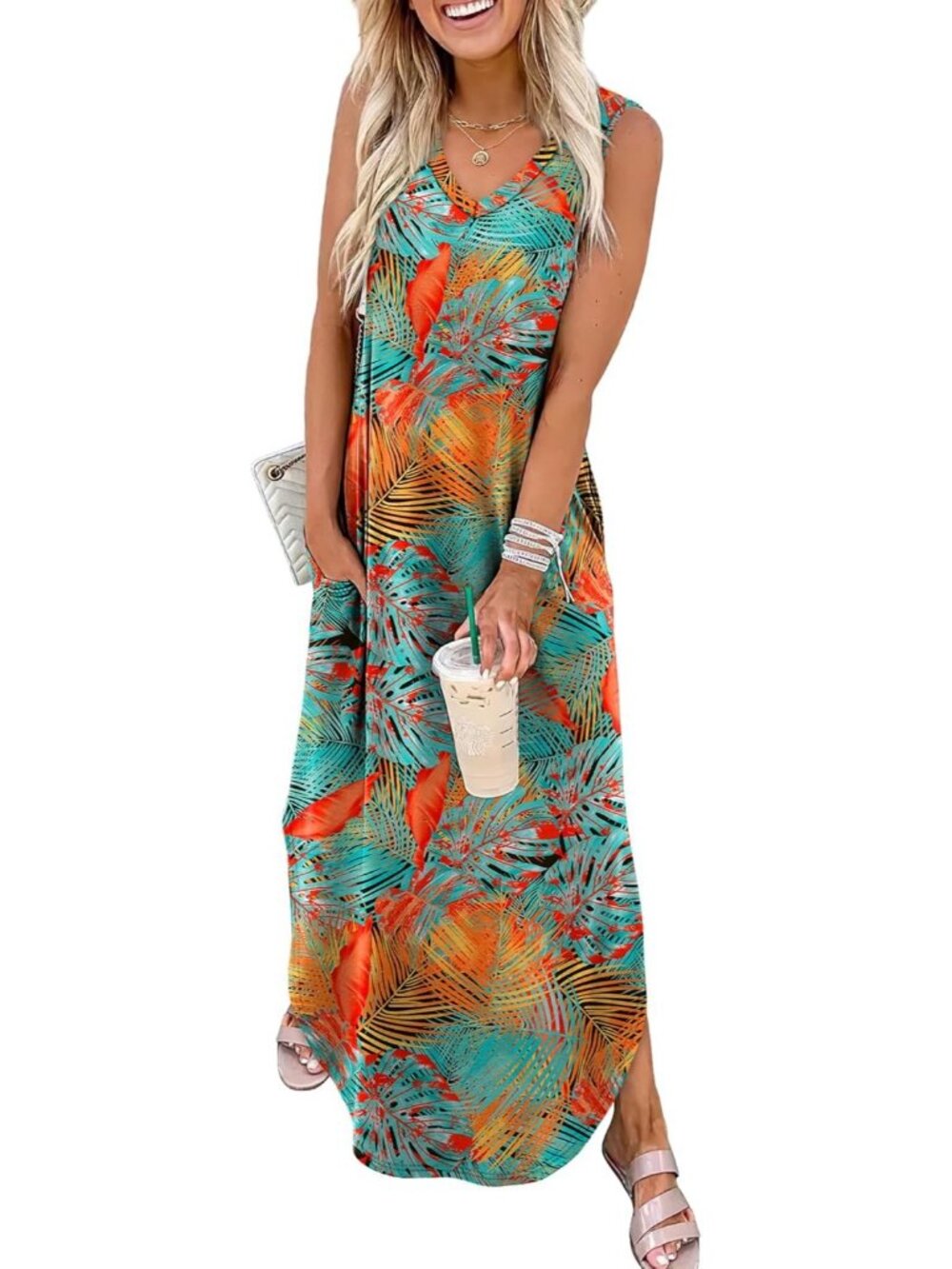 Women's Floral Blue Orange Summer Maxi Dress Beach Vacation Sundress with Pocket